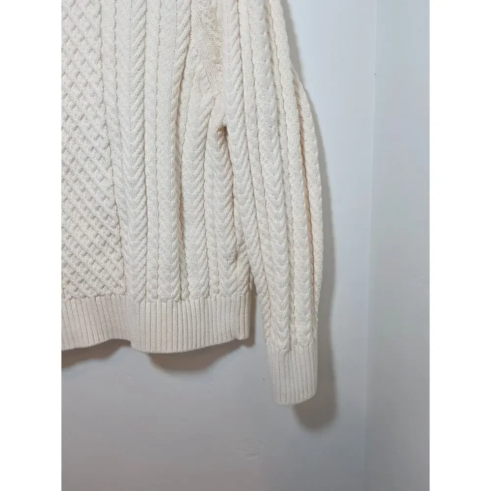 J. Crew 100% Cotton Cream Cable Knit Crew Neck Sweater Size XL Fisherman